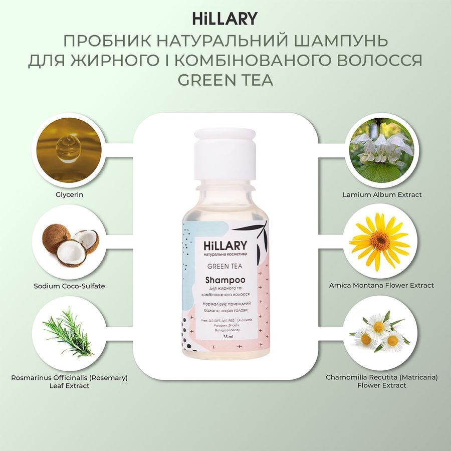 ПРОБНИК Натуральний шампунь для жирного і комбінованого волосся Hillary GREEN TEA Shampoo, 35 мл - фото №1