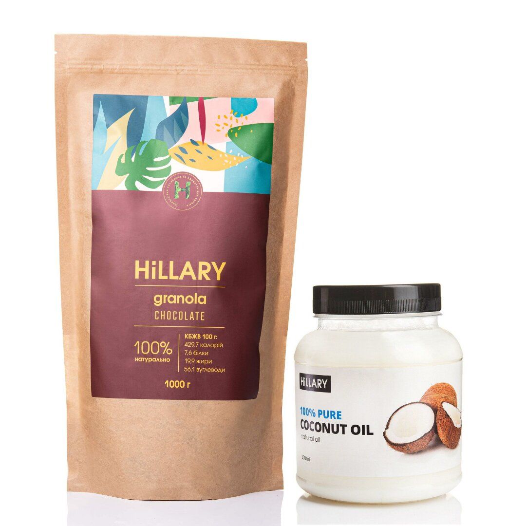 Гранола Hillary Chocolate Coconut, 1000 г + Рафинированное кокосовое масло Hillary 100% Pure Coconut Oil, 500 мл