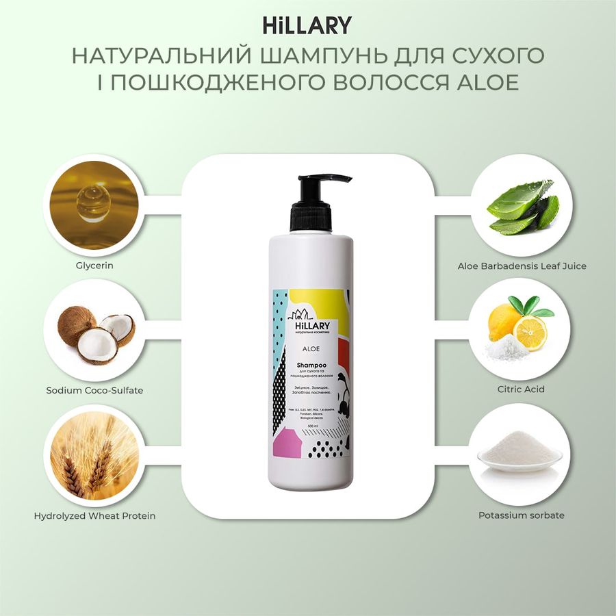 Натуральний шампунь для сухого і пошкодженого волосся Hillary ALOE Shampoo, 500 мл - фото №1