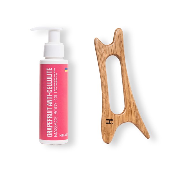 Scraper massager guasha for face and body wooden Doe + Anti-cellulite oil with grapefruit